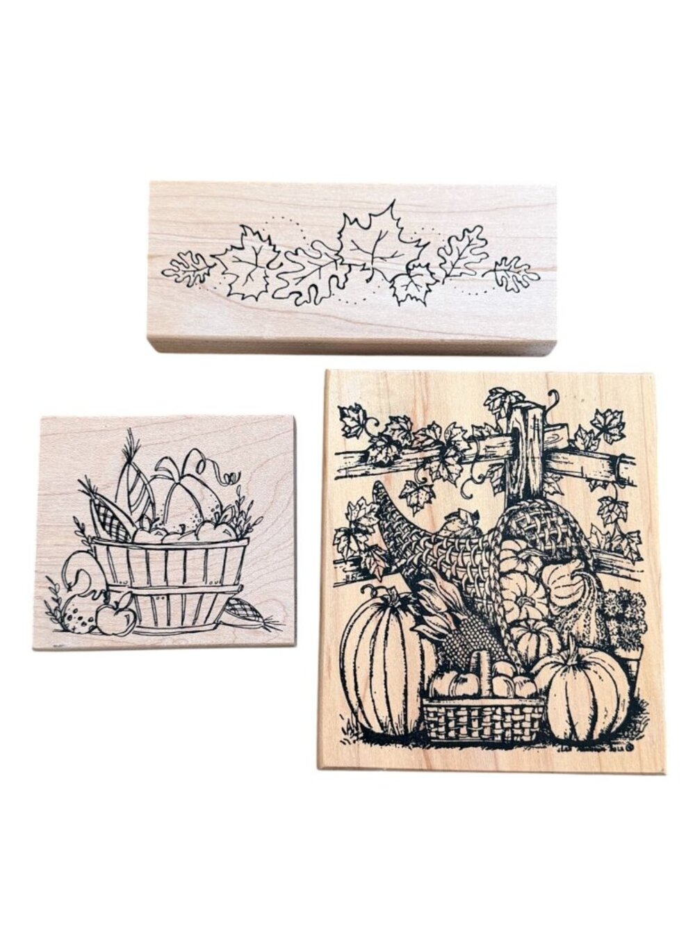 3 Pc Wooden Rubber Stamp Fall/Thanksgiving Lot-GUC